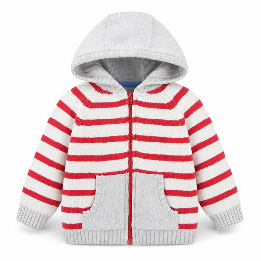 Front view of Tu boys’ red striped jacket, size 6-9, months zip