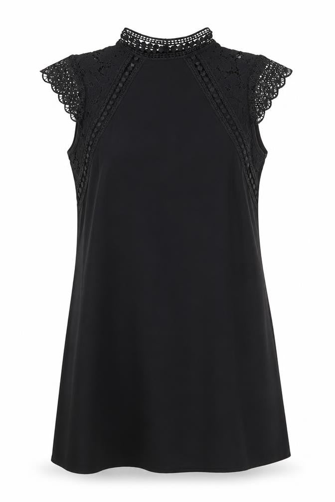 Front view of Zara women’s black polyester a-line, size XS, high neck button - lace detail