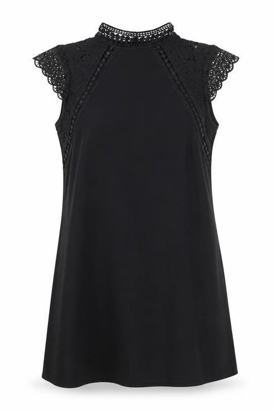 Front view of Zara women’s black polyester a-line, size XS, high neck button - lace detail