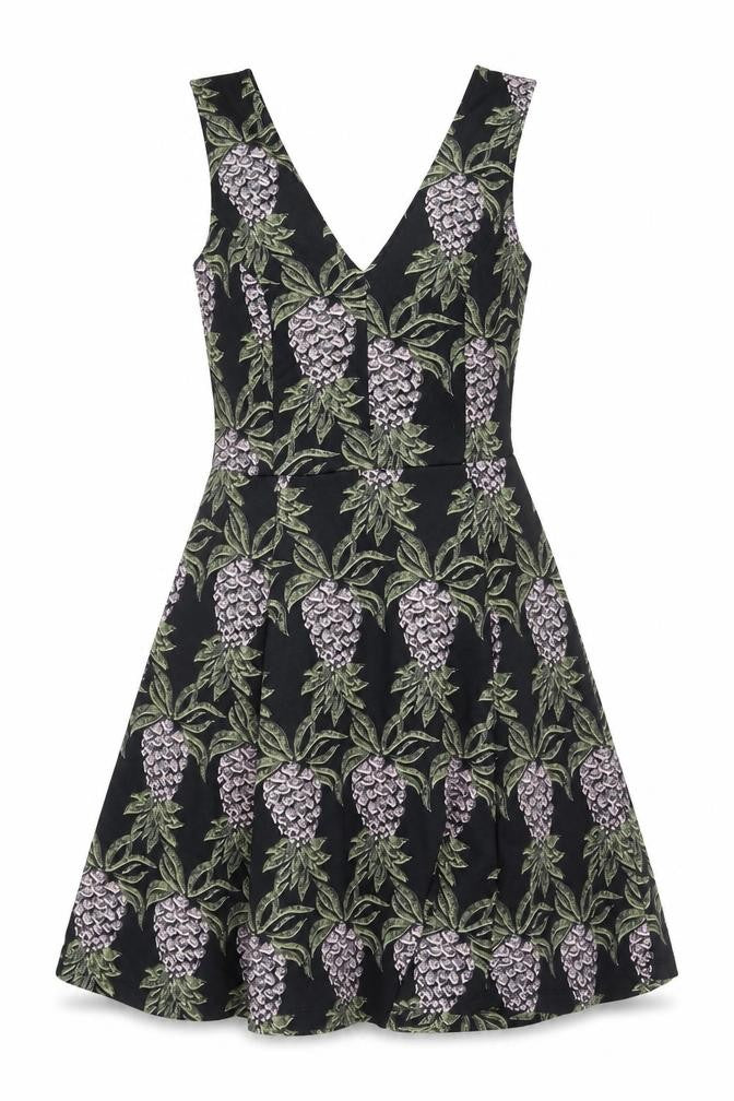 Front view of H&M women’s multicoloured floral polyester fit & flare, size M, v-neck pullover - pineapple print