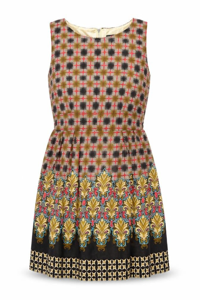 Front view of TENKI women’s multicoloured geometric polyester a-line, size UK 8, boat neck zip