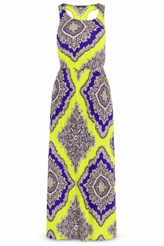 Front view of Boohoo women’s multicoloured geometric polyester maxi, size UK 4, round neck pullover