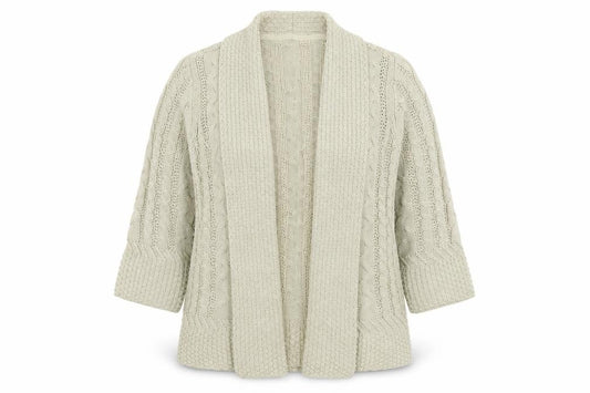 Front view of Maine New England women’s beige v-neck acrylic cardigan jumper, size UK 14