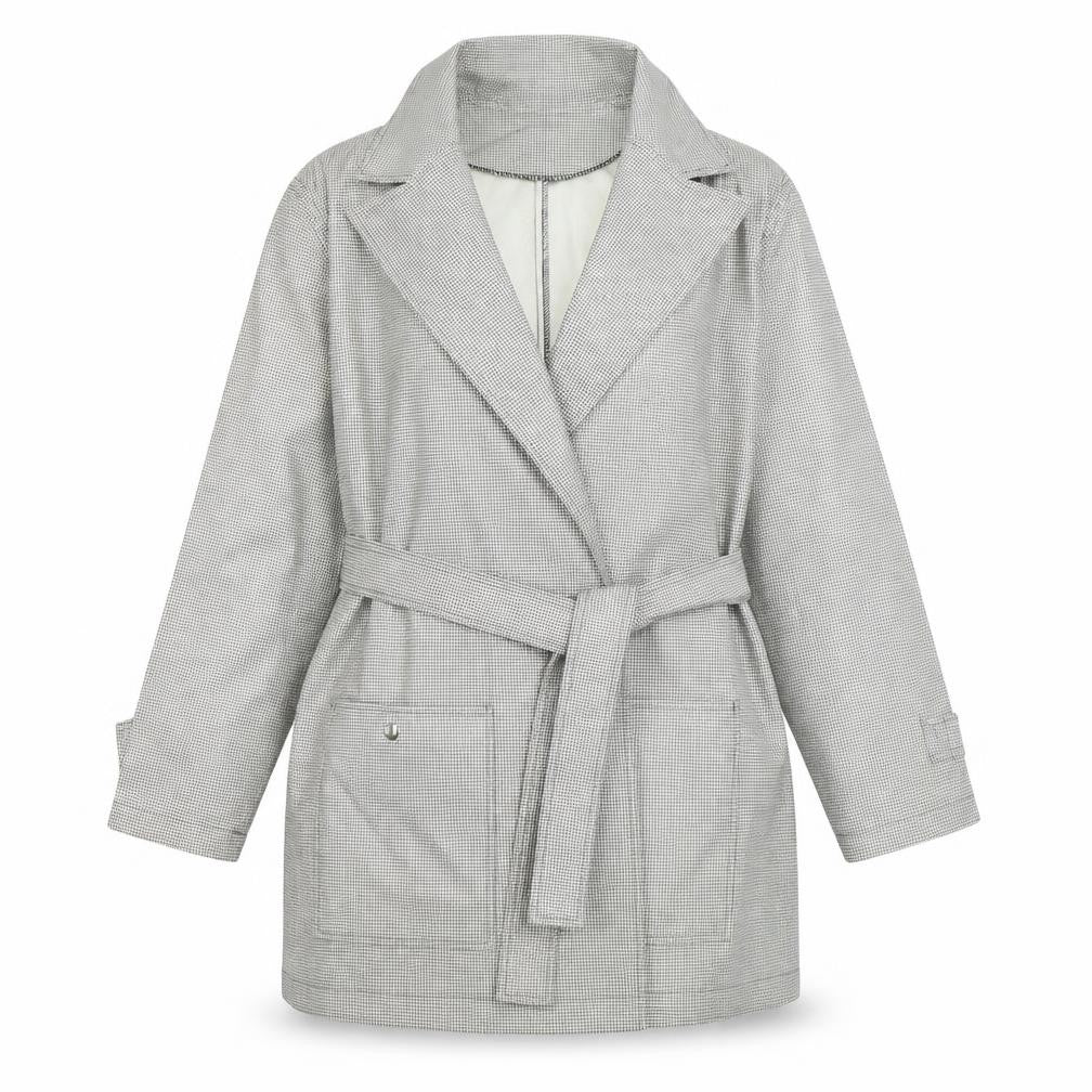 Front view of Mick Harold women’s white geometric rain coat coat, size L, tie - houndstooth