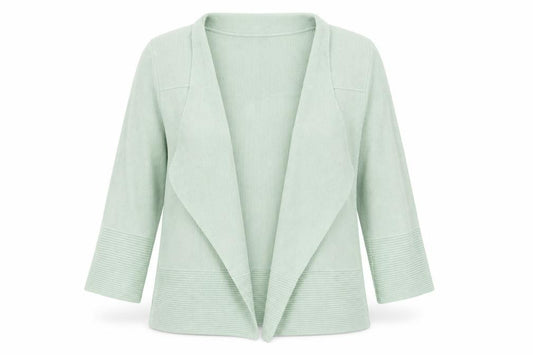 Front view of Marks & Spencer women’s green v-neck acrylic cardigan jumper, size UK 8