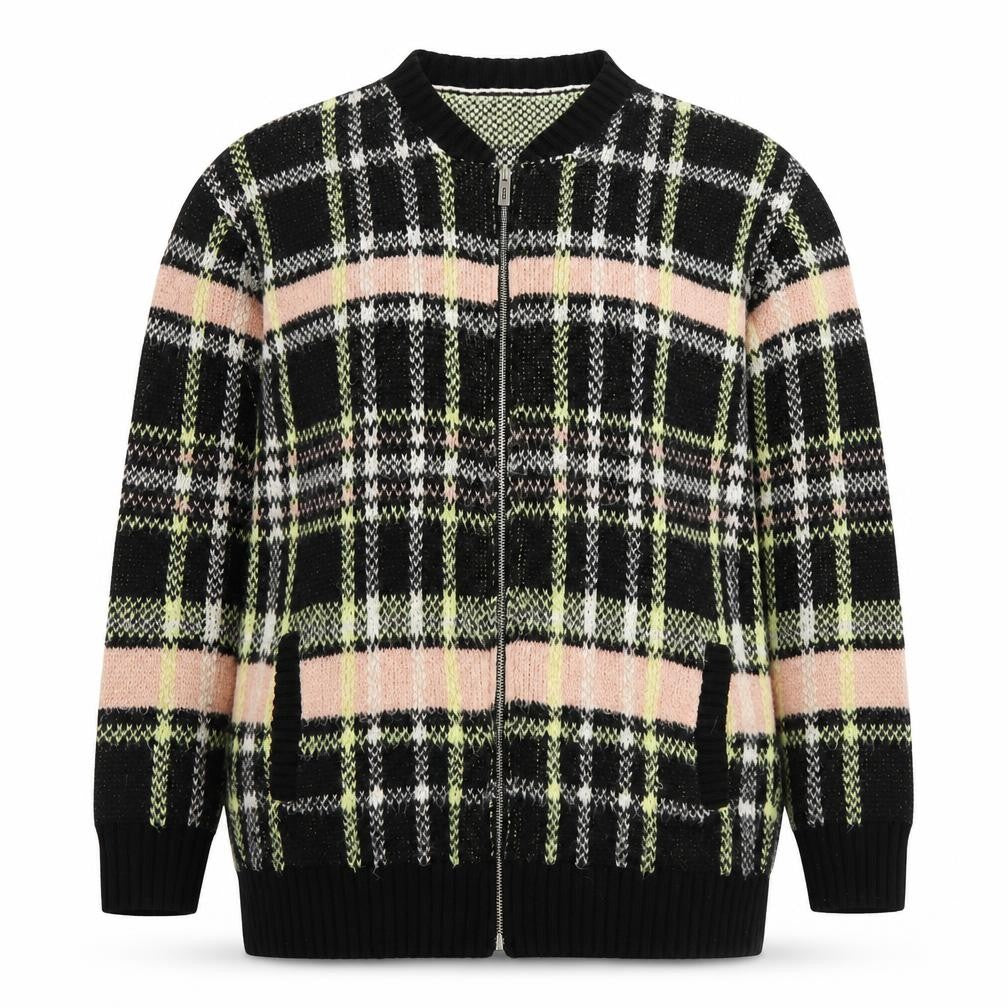 Front view of River Island women’s multicoloured v-neck plaid acrylic full zip jumper, size UK 8