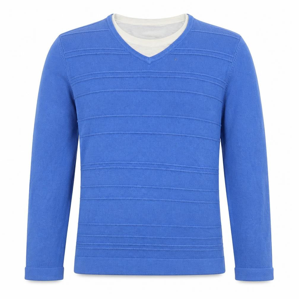 Front view of BHS men’s blue v-neck acrylic jumper, size S