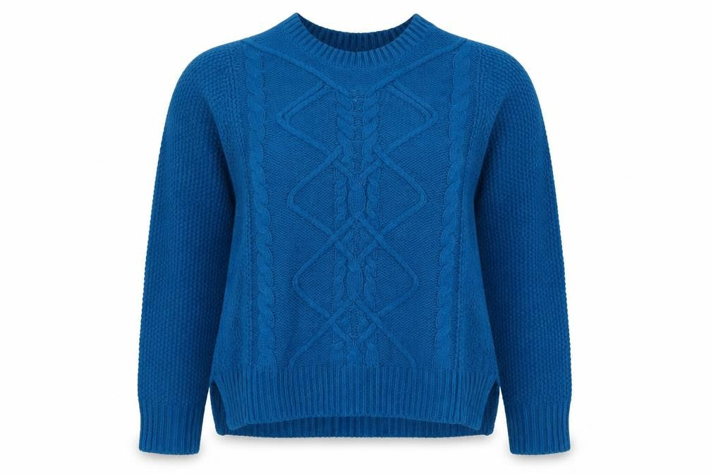 Front view of Oasis women’s blue round neck acrylic jumper, size L