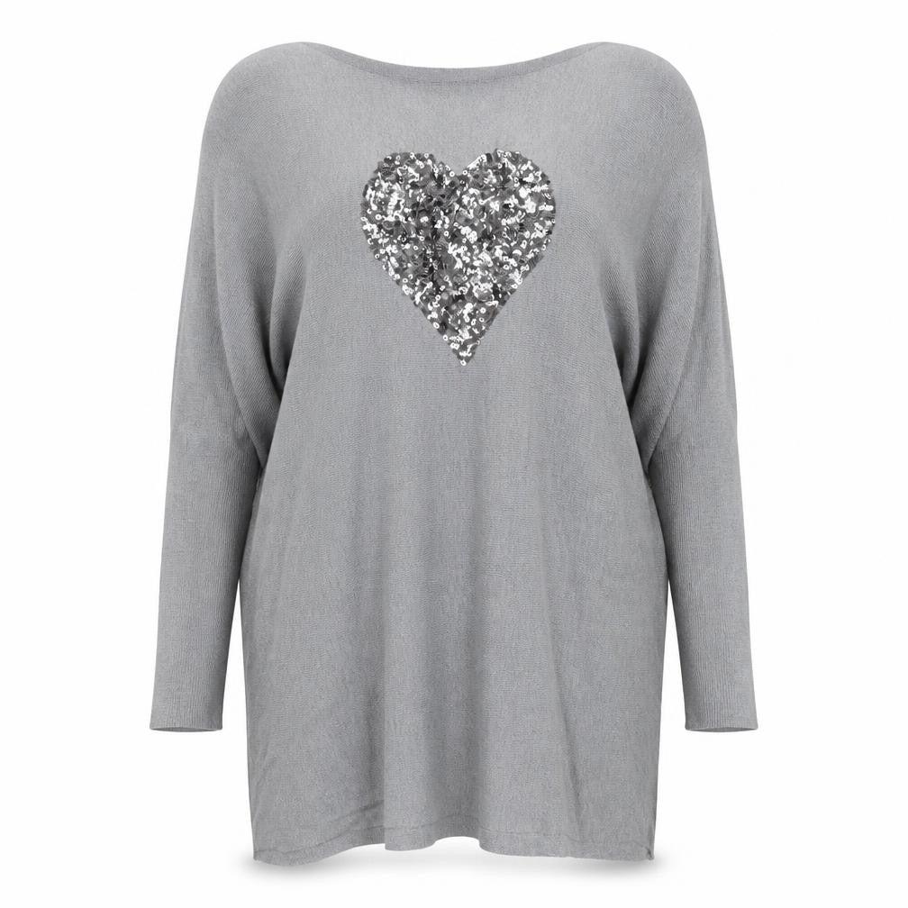 Front view of Paramour women’s grey square neck viscose jumper, size M, - heart