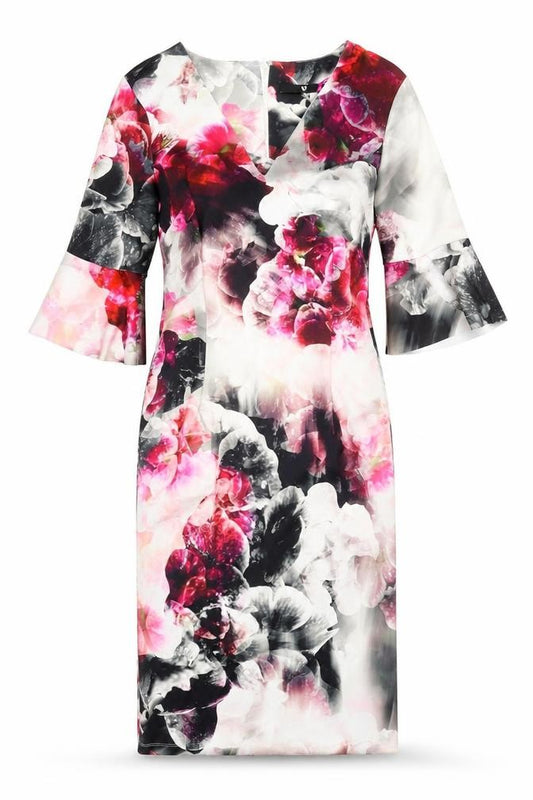 Front view of Very women’s multicoloured geometric polyester a-line, size UK 10, v-neck zip
