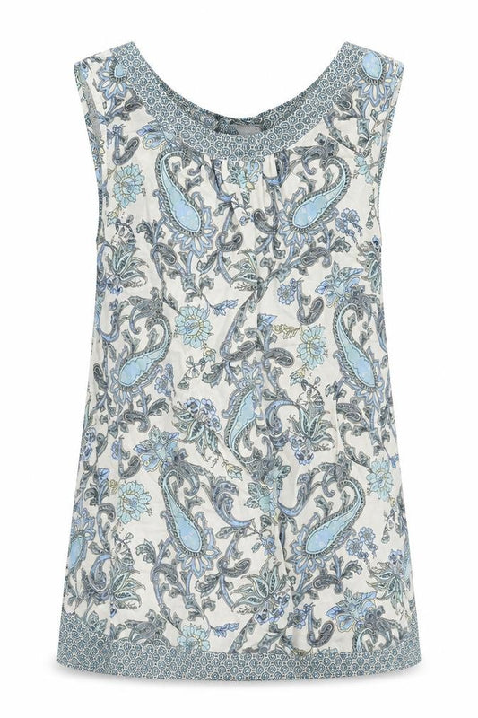 Front view of Dorothy Perkins women’s multicoloured paisley polyester basic tank, size UK 10, round neck