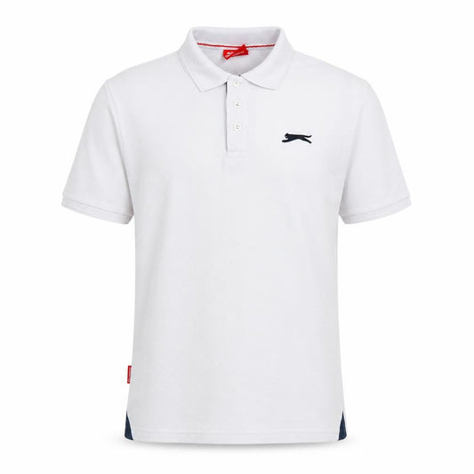Front view of Slazenger men’s white polyester polo, size XS, collared button