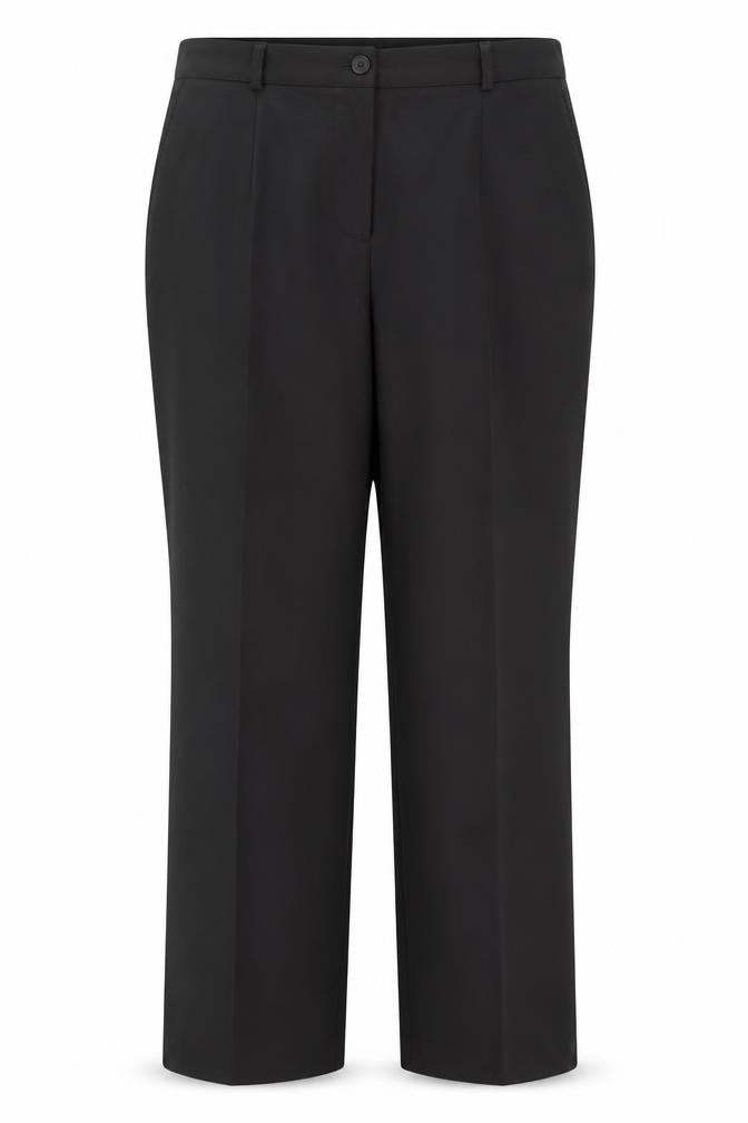 Front view of Country Collection women’s black polyester trousers, size UK 16, 30-inch leg regular button