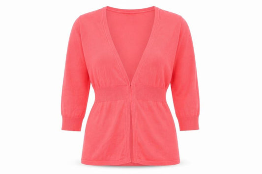 Front view of Monsoon women’s pink v-neck cotton cardigan jumper, size UK 10