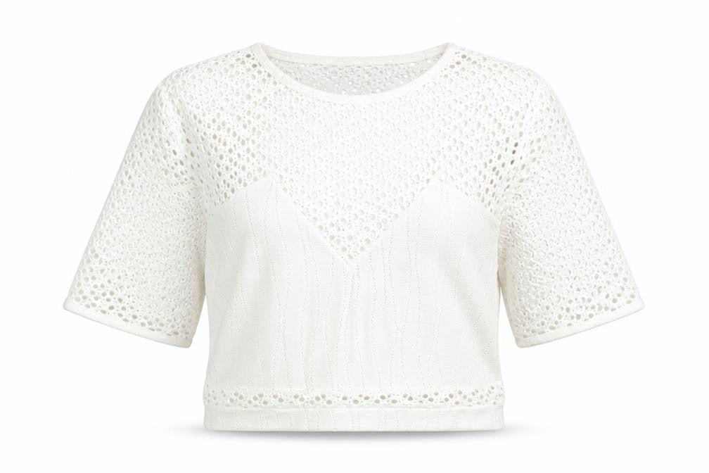 Front view of River Island women’s white polyester cropped t-shirt, size UK 10, crew neck