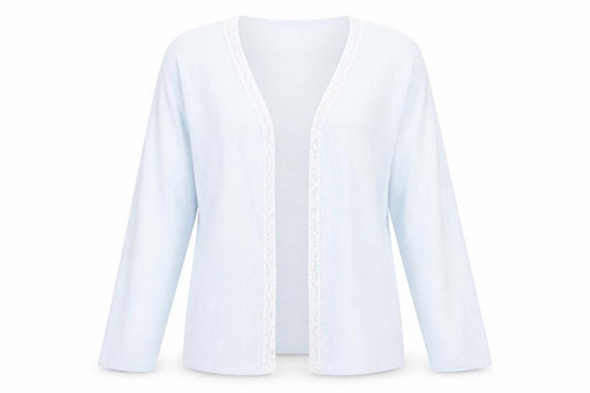 Front view of Debbie Morgan women’s blue v-neck viscose cardigan jumper, size M