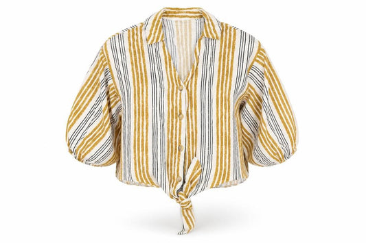 Front view of Primark women’s multicoloured striped viscose basic button-up, size UK 10, collared