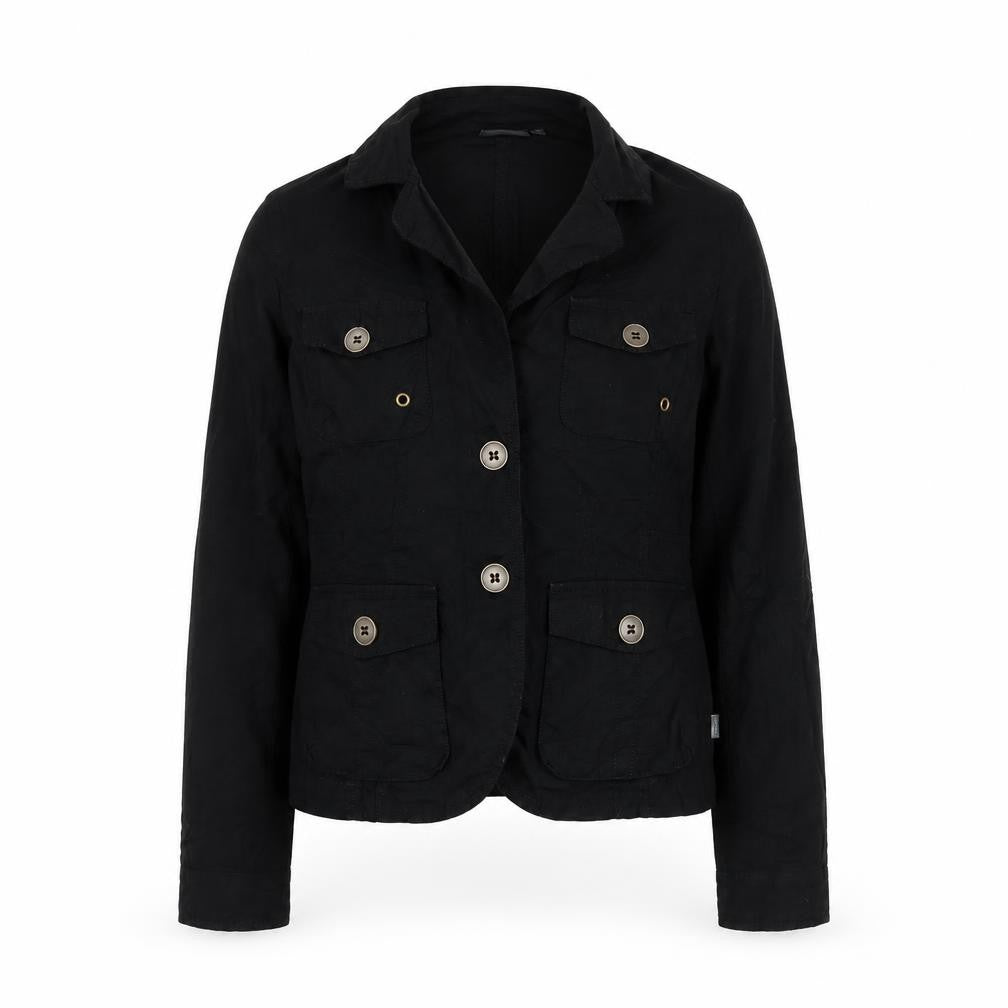 Front view of City Life women’s black jacket, size L, button