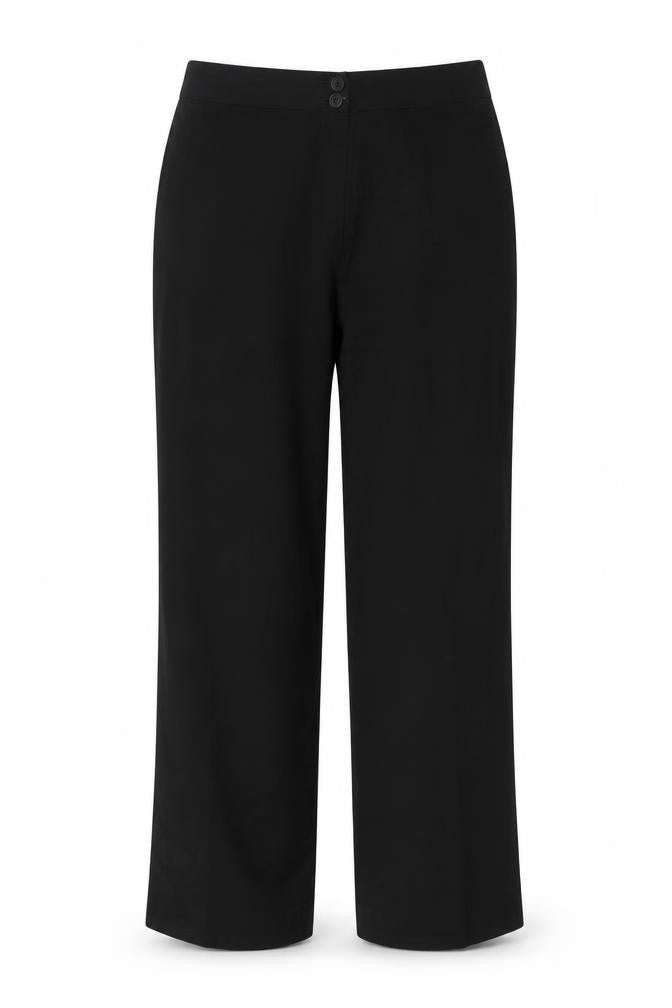 Front view of Elimma Collection women’s black polyester trousers, size UK 14, 30-inch leg regular button