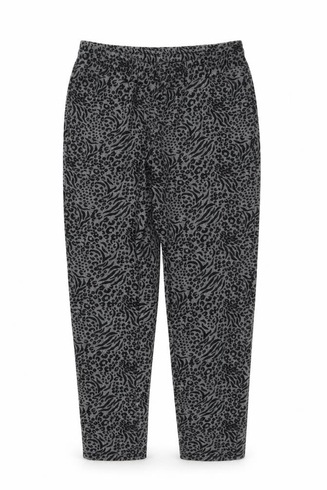 Front view of Fluid women’s green animal print polyester trousers, size UK 12 regular drawstring - leopard pattern