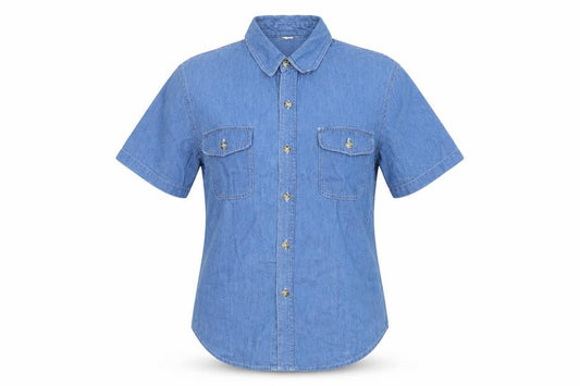 Front view of Mickey & Co women’s blue cotton basic button-up, size S, collared - pooh