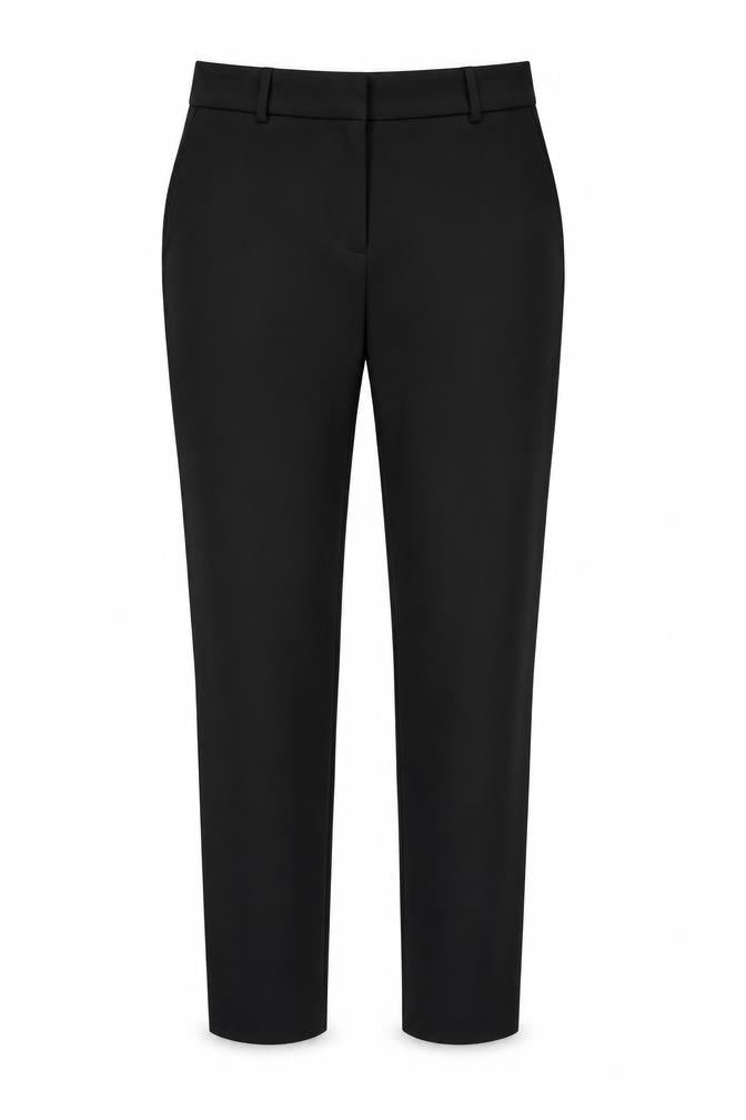 Front view of H&M women’s black polyester carrot trousers, size UK 36, 28-inch leg regular zip