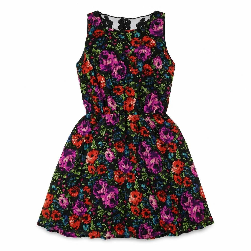 Fun & Flirt Womens Multicoloured Floral Polyester Fit & Flare Size M Boat Neck Pullover - Lace Detail