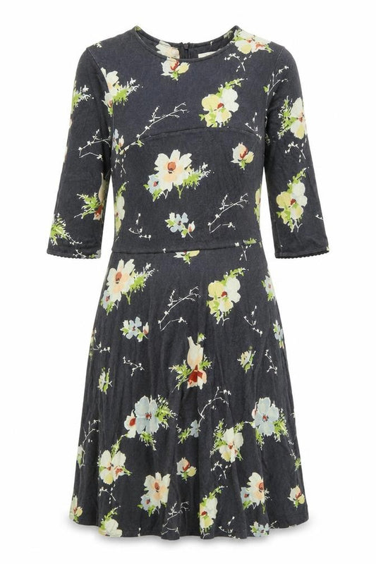 Front view of Ti Mo women’s grey floral polyester fit & flare, size S, round neck zip