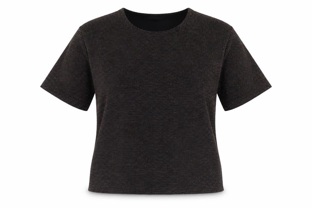 Front view of Ethernal Collection women’s black nylon basic t-shirt, size UK 18, round neck