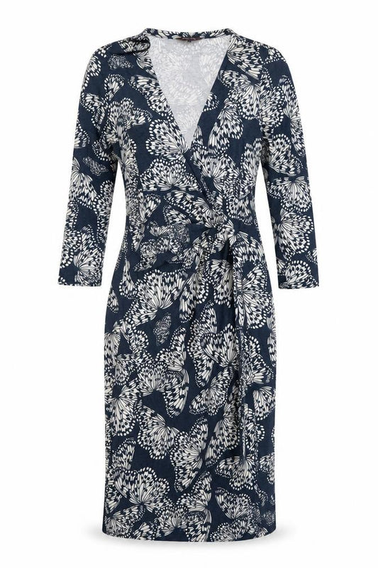 Front view of Phase Eight women’s grey geometric viscose wrap dress, size UK 10, v-neck pullover - butterfly faux wrap