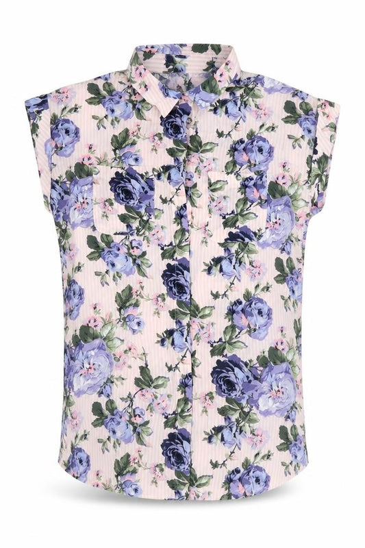 Front view of Oasis women’s pink floral viscose basic button-up, size UK 10, collared
