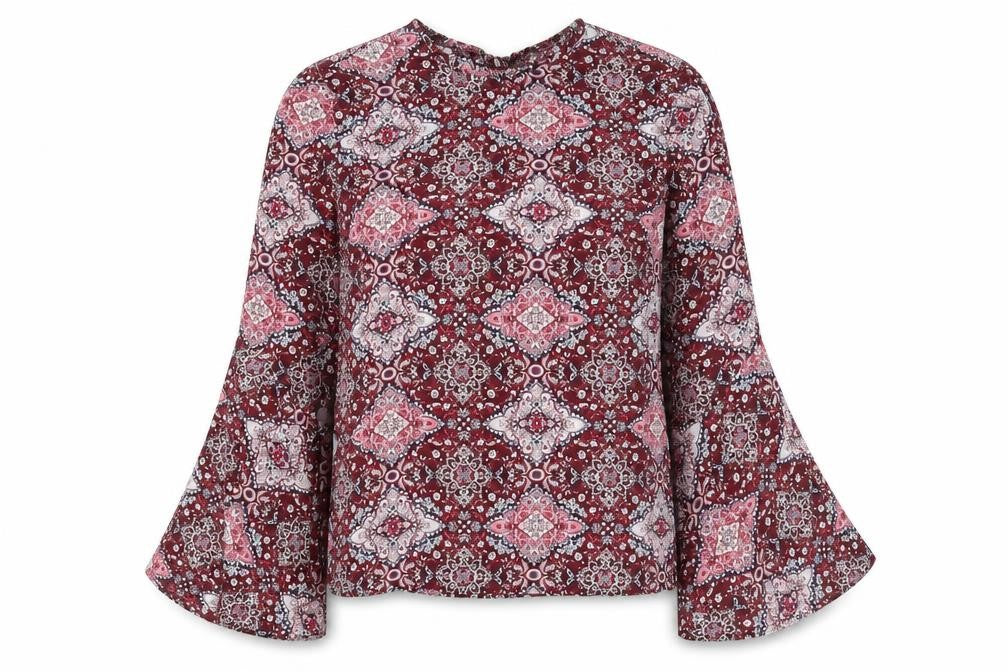 Front view of Primark women’s red floral polyester basic blouse, size UK 6, round neck - bell sleeve
