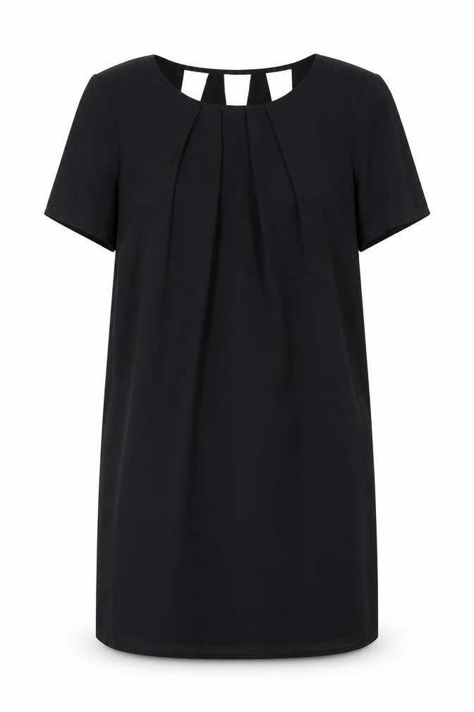 Front view of Tu women’s black polyester shift, size UK 12, round neck pullover - cut out back detail