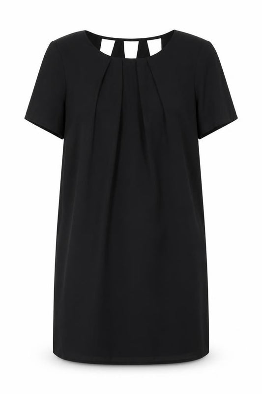 Front view of Tu women’s black polyester shift, size UK 12, round neck pullover - cut out back detail