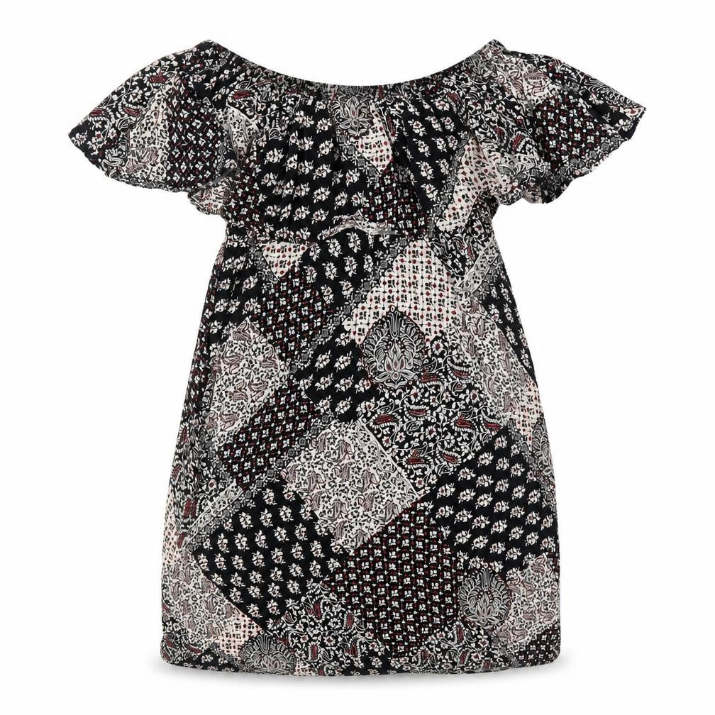 Front view of Topshop women’s black floral viscose a-line, size UK 8, off the shoulder pullover - patchwork bardot
