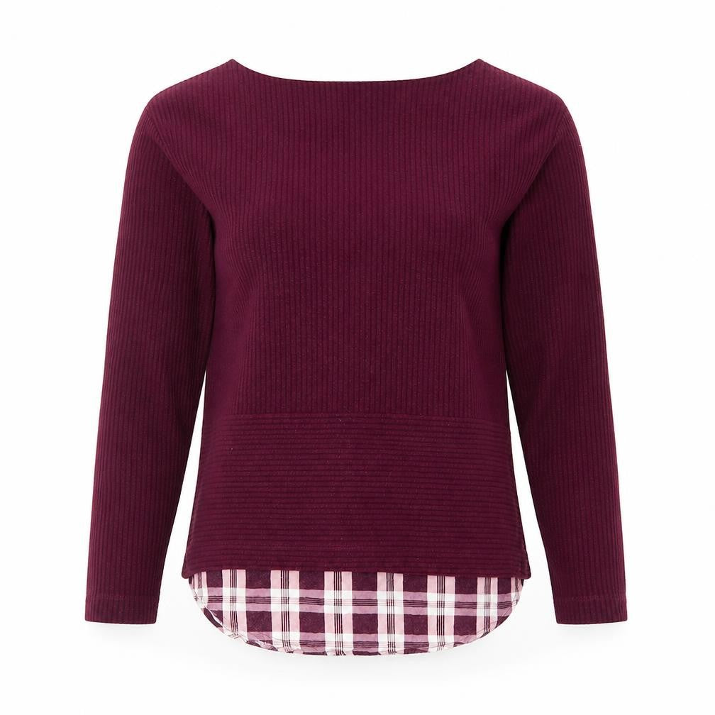 Front view of Marks & Spencer women’s purple plaid polyester basic blouse, size UK 8, boat neck