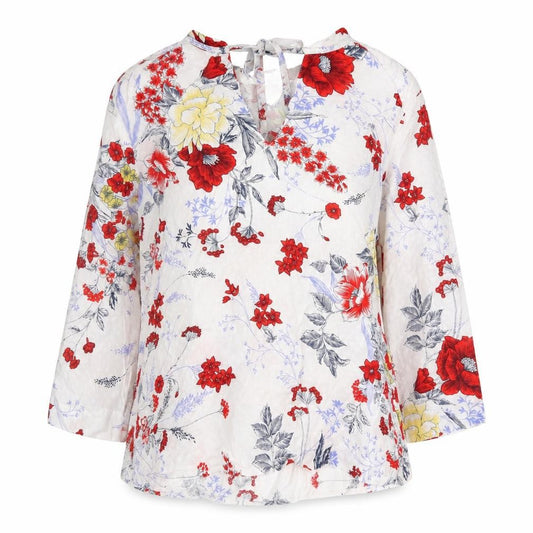 Front view of Marks & Spencer women’s multicoloured floral viscose basic blouse, size UK 12, v-neck