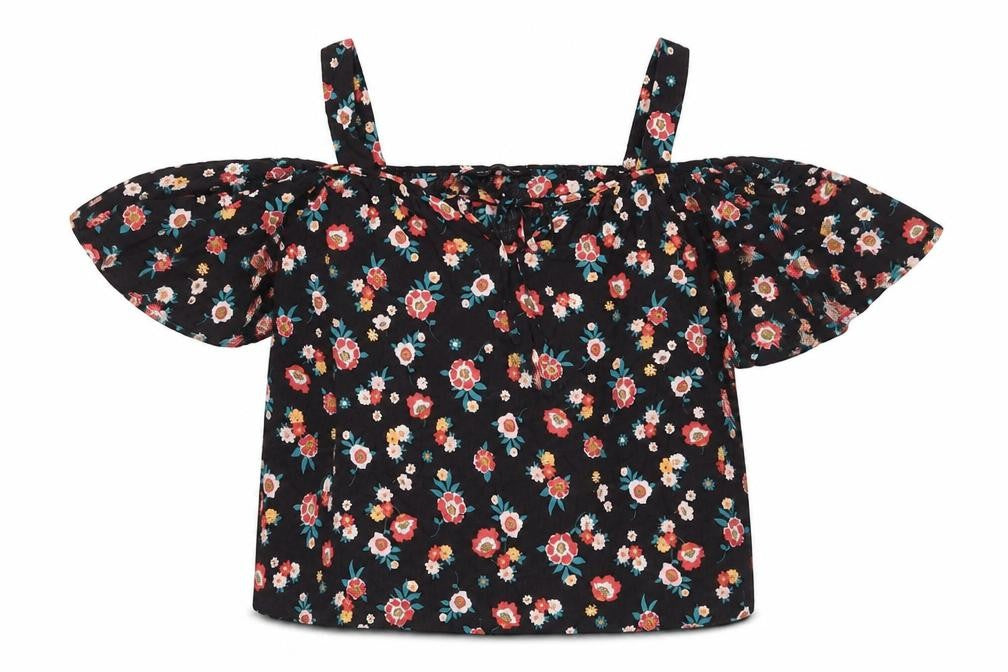Front view of Dororthy Perkins women’s multicoloured floral polyester basic blouse, size UK 12, off the shoulder