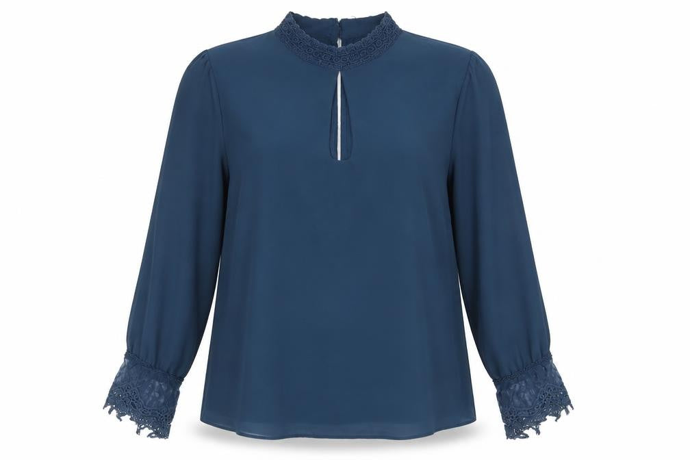 Front view of Limited Edition women’s blue polyester basic blouse, size UK 8, high neck - lace detail