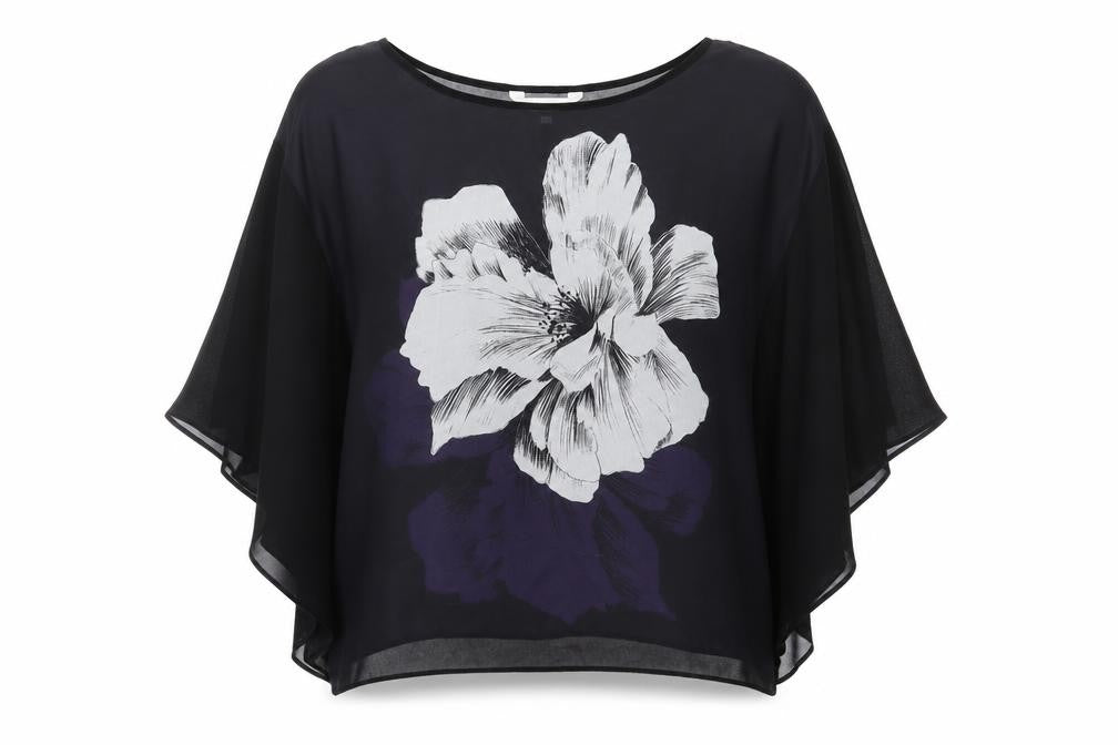 Front view of RJR.John Rocha women’s black floral polyester basic blouse, size UK 12, round neck