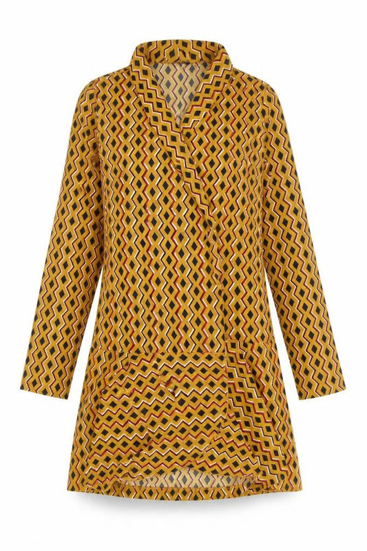 Front view of PRETTYLITTLETHING women’s yellow geometric jacket, size UK 8, tie