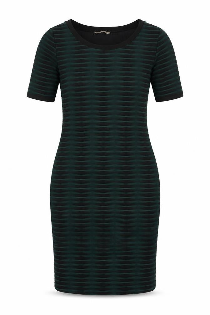 Front view of Marks & Spencer women’s green striped polyester bodycon, size UK 10, round neck pullover