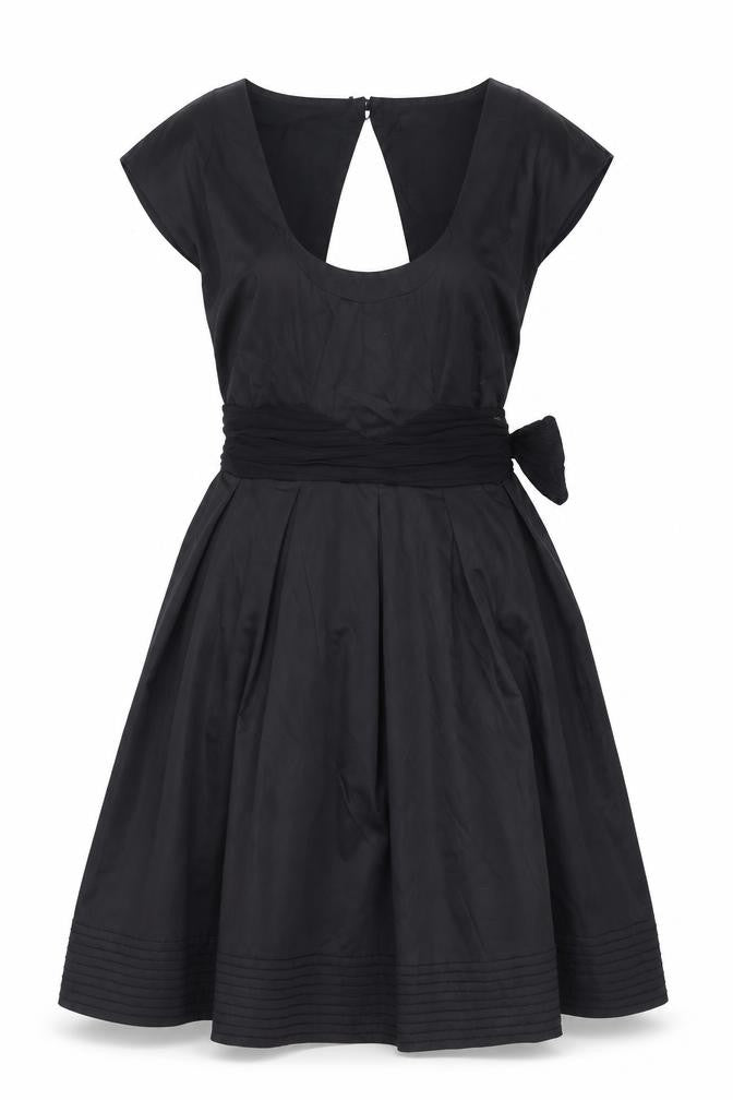 Front view of Warehouse women’s black polyester a-line, size UK 10, scoop neck button