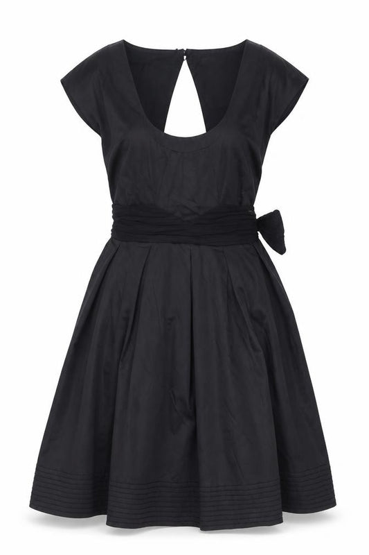 Front view of Warehouse women’s black polyester a-line, size UK 10, scoop neck button