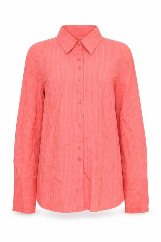 Front view of Olsen women’s pink striped polyester basic button-up, size UK 12, collared