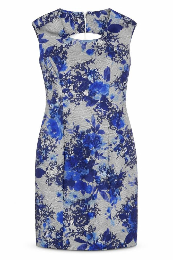 Front view of Linea women’s blue floral polyester shift, size UK 8, round neck zip