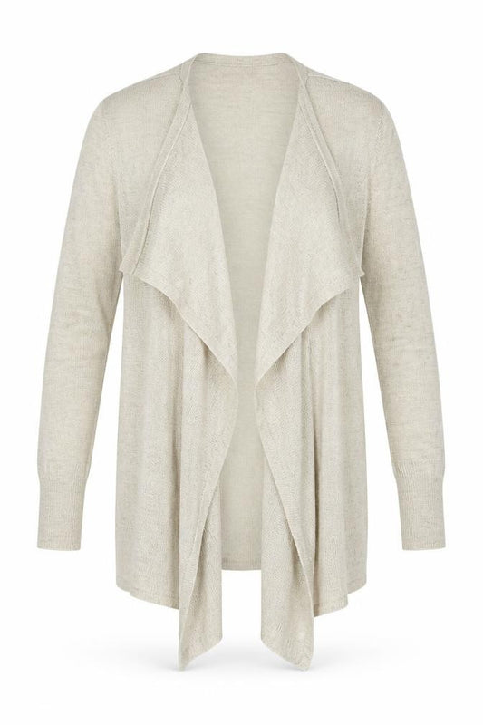 Front view of Next women’s beige v-neck acrylic cardigan jumper, size UK 12