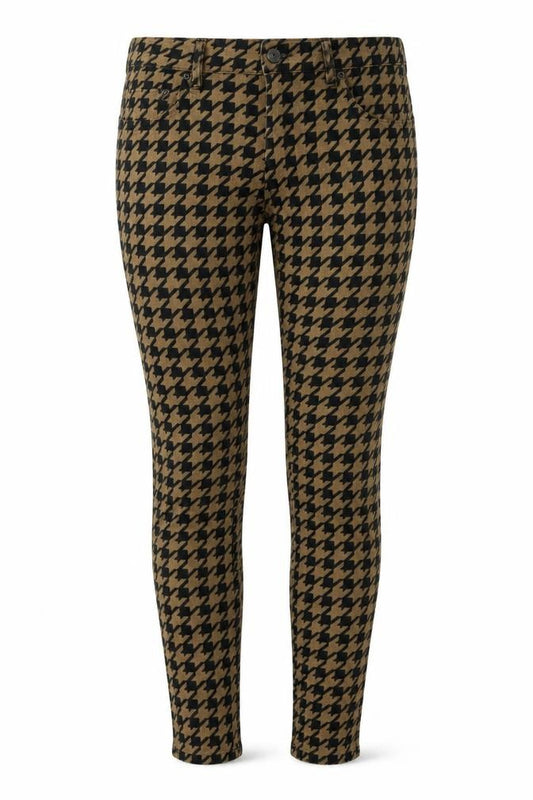 Front view of Topshop women’s beige geometric cotton skinny jeans, size UK 30, in, 32-inch leg regular button