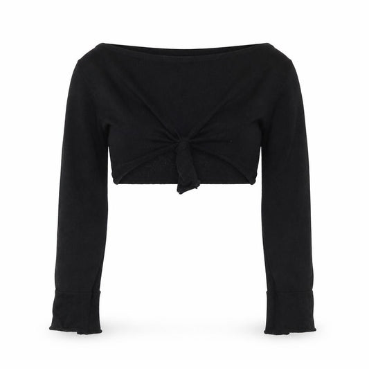 Front view of PRETTYLITTLETHING women’s black polyester cropped blouse, size UK 6, v-neck - tie front