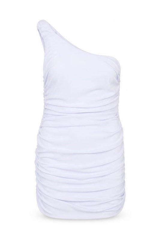 Front view of Missguided women’s purple polyester mini, size UK 8, one shoulder pullover